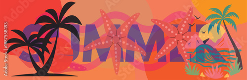 Vector art of vibrant summer tropical scene with palm trees and starfish on colorful background