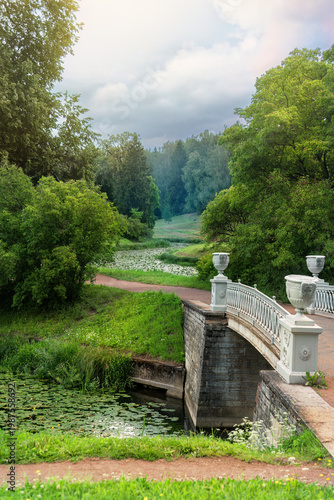 White Bridge Over Lily Pond in Park