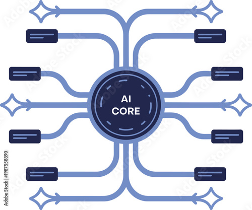 Central AI Core with Connected Nodes and Outgoing Arrows for Network Data Flow Vector Illustration