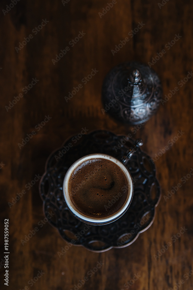 custom made wallpaper toronto digitalCup of Turkish coffee in traditional metal cup on old wooden background. Closeup, Selective focus. Top 
view, flat lay.