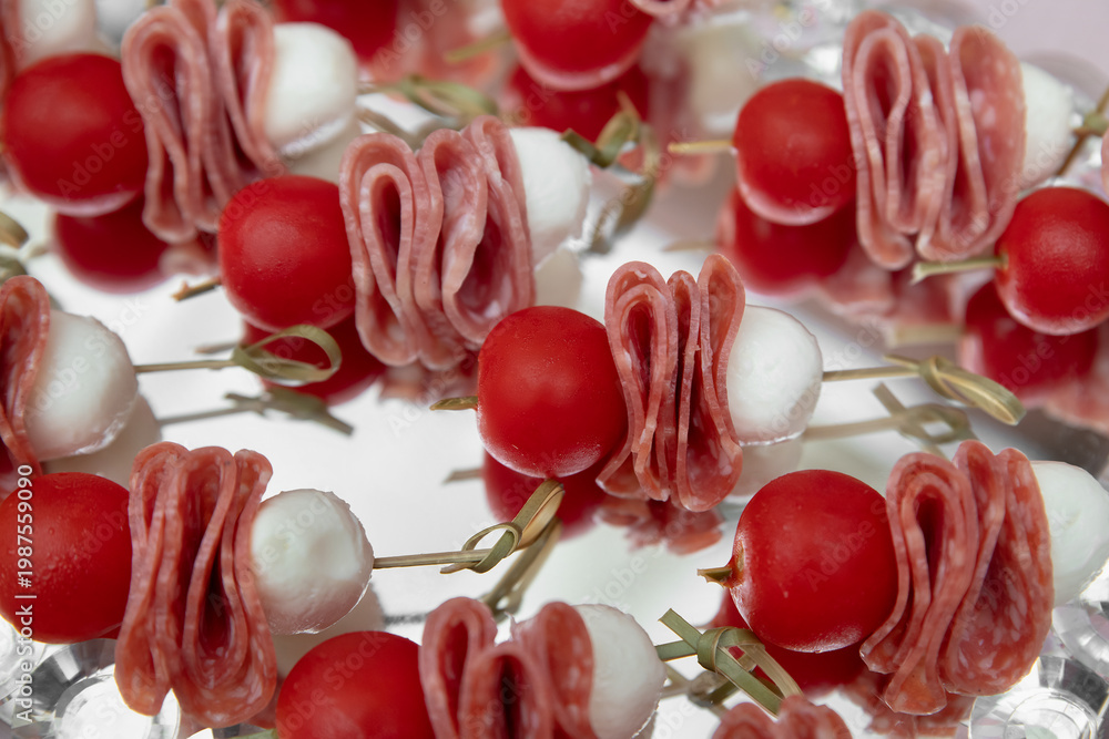 custom made wallpaper toronto digitalParty appetizer with salami, cheese, mozzarella. Serving snacks at a party. Selective focus.