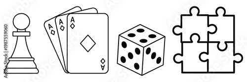 Board Games Icon Set with Chess Cards Dice and Puzzle Pieces