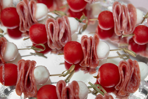 Wallpaper Mural Party appetizer with salami, cheese, mozzarella. Serving snacks at a party. Selective focus. Torontodigital.ca