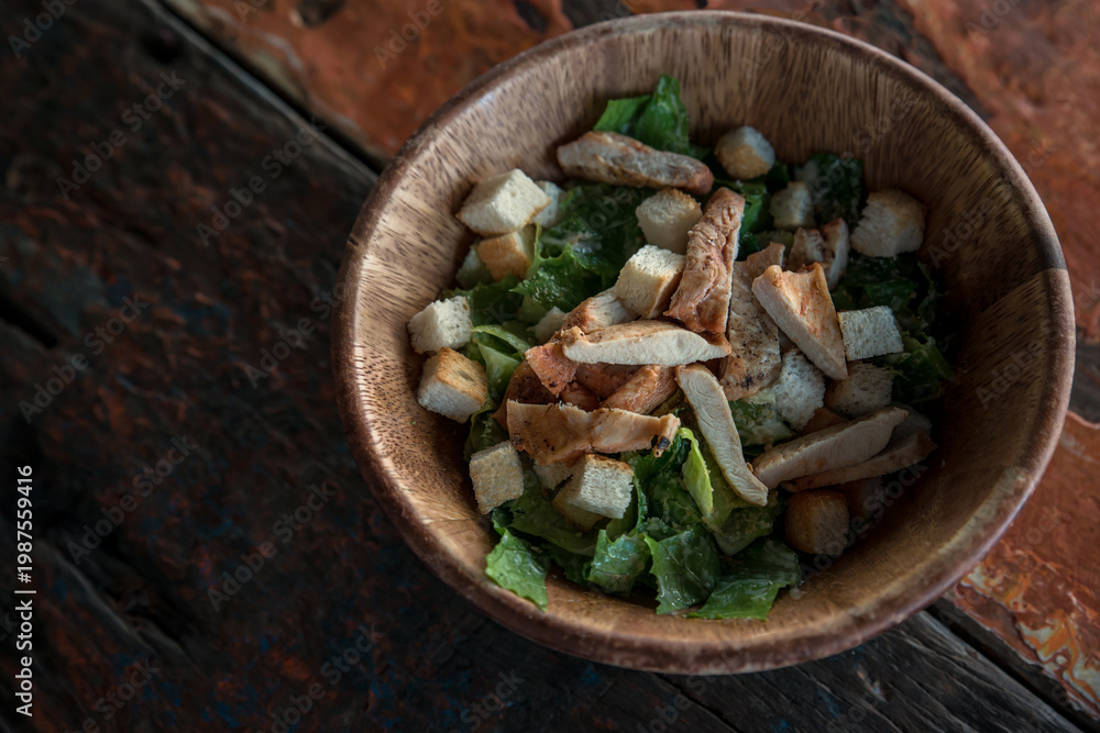 custom made wallpaper toronto digitalSalad with chicken fillet and salad leaves on old wooden table. Closeup, Selective focus. Top view, flat lay.