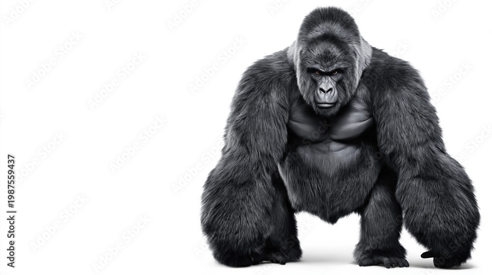 Fototapeta premium Powerful silverback gorilla stands imposingly against a clean white background