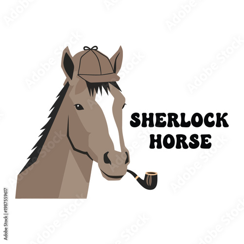 Brown horse head with deerstalker hat and pipe Sherlock Horse