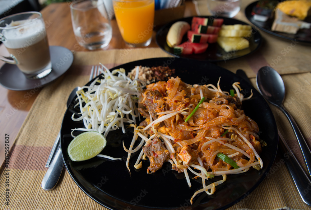 custom made wallpaper toronto digitalAsian pasta  served on tabletop in the cafe. Top view, close up