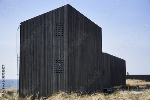 Weathered Wooden Beach Huts South Africa, Sea Horizon Beyond, Windswept Dune Grass Foreground, Rough Vertical