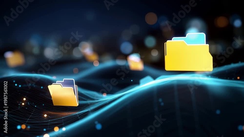 Glowing folder icons floating over digital network lines, futuristic data management concept, cloud storage, file transfer, information organization, cybersecurity and technology background