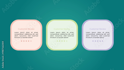 Three colorful customer review cards with star ratings on teal background