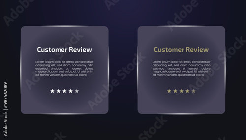 Two dark glass panels with customer review text and star ratings one customer