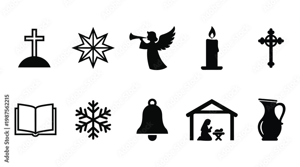 Naklejka premium A collection of black silhouettes representing Christmas and faith symbols, including religious icons and festive elements, on a white background.