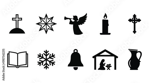 A collection of black silhouettes representing Christmas and faith symbols, including religious icons and festive elements, on a white background.