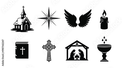 A collection of black and white Christian religious symbols and icons, including a church, wings, candle, bible, cross, nativity scene, and chalice, on a white background.