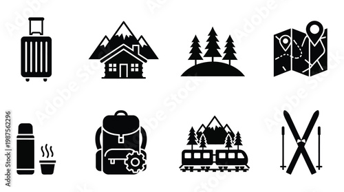 A set of travel and adventure icons in black silhouette on a white background, including symbols for transportation, accommodation, and outdoor activities.