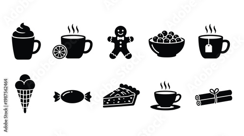 Minimalist black and white illustration of coffee break items including cup, cookies, cake, ice cream, and gift box. Ideal for marketing, blog graphics, social media posts, and lifestyle branding.