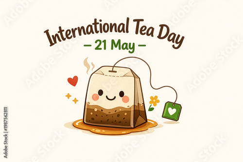 A smiling tea bag with a tag attached by a string. Bold text reads “International Tea Day – 21 May.” The design conveys warmth, friendliness, and the global appreciation of tea.