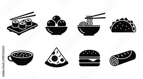 Bilde på lerret A collection of black and white food icons including sushi, pizza, burger, sandwich, and bowls of food, perfect for use in menus, advertisements, or educational materials
