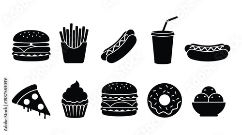 a collection of black and white icons featuring various fast food items such as burgers, hot dogs, fries, and desserts, perfect for use in advertising, menus, or marketing materials
