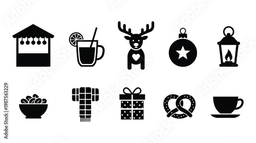 A collection of Christmas icons including a house, mug, reindeer, ornament, lantern, bowl, sweater, gift, pretzel, and coffee cup, perfect for holiday marketing and decoration.