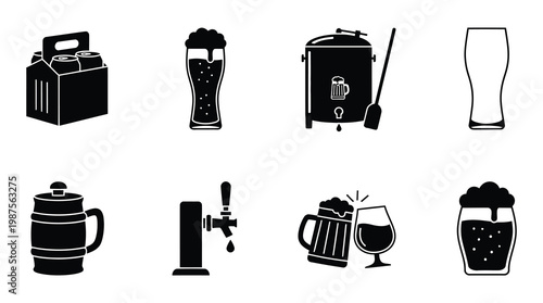 A collection of black and white icons depicting various beer-related items, including kegs, glasses, taps, and brewmaster equipment, useful for design, advertising, and brewery concepts.