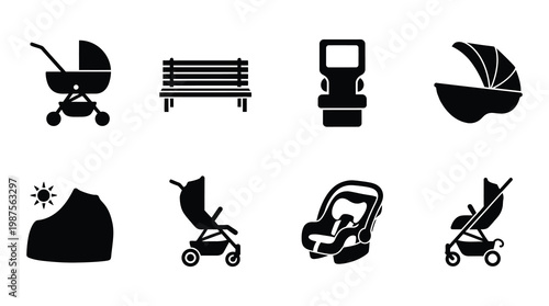 A collection of black icons featuring various baby strollers and car seats on a white background, useful for design and parenting-related projects