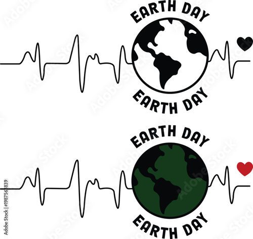 Earth Day Heartbeat Pulse Globe SVG Vector Eco Heart Design Bundle