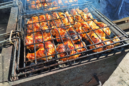 Grilled chicken pieces with onions