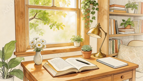 Cozy study nook with plants and books