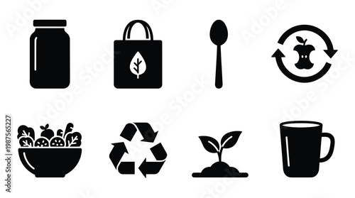 a collection of black icons representing eco friendly practices, sustainable living, and recycling, including a jar, reusable bag, spoon, recycling symbol, bowl of food, plant, and coffee mug