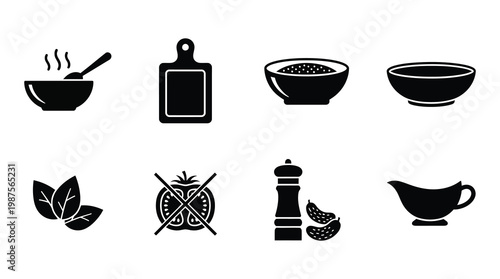 A collection of black kitchen icons on a white background, including bowls, cutting board, pepper mill, and food symbols, useful for cooking, recipe, or culinary designs.