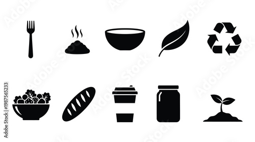 A set of black icons representing eco-friendly food concepts, including recycling, leaf, and sustainable eating.