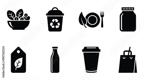 a collection of black icons representing eco friendly practices and sustainable living including recycling symbol compost bowl of food reusable bag bottle and cup