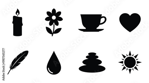 a collection of black icons representing wellness and mindfulness concepts, including a candle, flower, heart, feather, and more, on a white background
