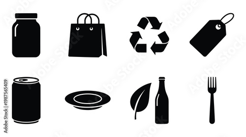A set of black icons representing eco-friendly shopping and dining concepts, including recycling, reusable bags, and sustainable food.