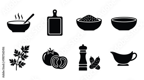 a collection of black kitchen icons on a white background, including bowls, cutting board, herbs, spices, and cooking utensils, useful for food and cooking related designs