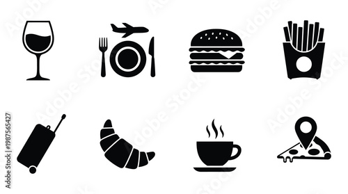 a collection of black and white icons representing travel and food on a clean white background, suitable for use in graphic design, advertising, and marketing materials