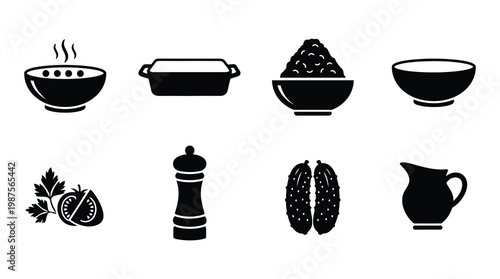 a collection of black kitchen icons on a white background, including bowls, a baking dish, a pepper mill, and food items, useful for cooking, recipe, or culinary designs