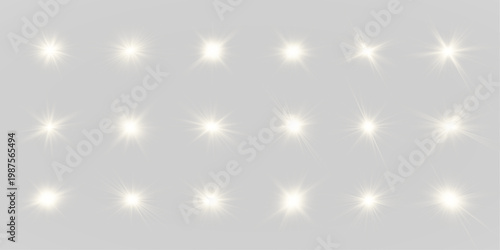 Collection of golden stars shines across transparent background. Bright spark particles create festive atmosphere. Vector star set for creative use. PNG