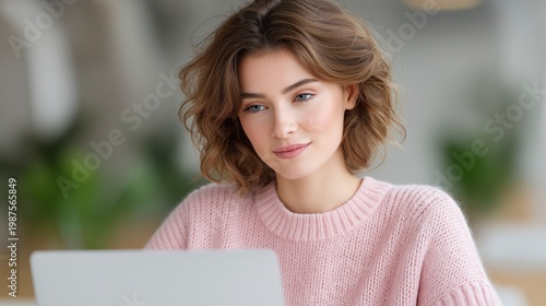 Young woman using laptop at home while working online. Female professional engaged in remote business tasks in modern interior