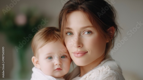 Young mother holding baby in cozy home environment representing parenting and family care. Tender emotional connection shows nurturing and early childhood development