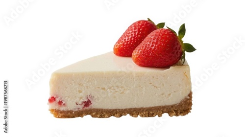 Decadent slice of strawberry cheesecake with fresh strawberries on top creamy texture and graham cracker crust on white background