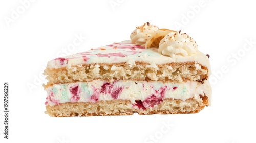 Decadent ice cream dessert cake slice with white and pink layers toasted meringue topping on a clean white background perfect for indulgence and sweet treats