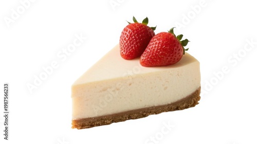 Decadent slice of strawberry cheesecake with fresh strawberries on top creamy texture and graham cracker crust on a white background