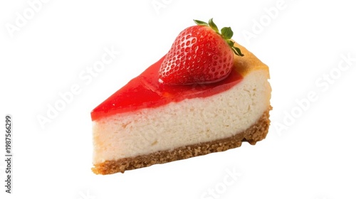 Decadent slice of creamy strawberry cheesecake with fresh fruit on a graham cracker crust served on a white background