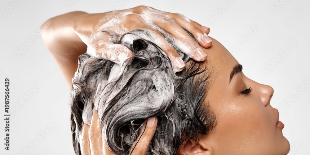 Naklejka premium Beautiful woman washing her long dark hair with shampoo and creating foam
