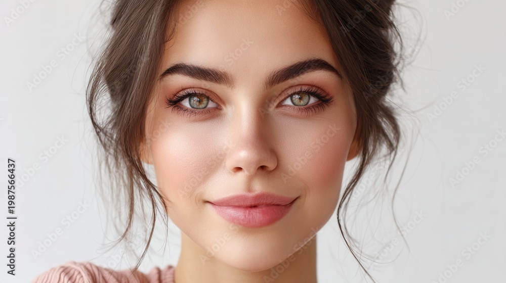 Naklejka premium Close-up portrait of a young woman with striking green eyes and a gentle smile