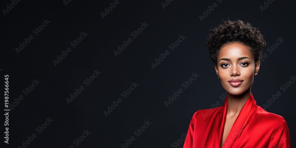 Obraz premium Elegant 30-year-old woman with short curly hair wearing a red robe