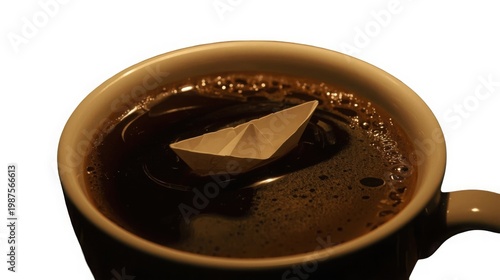 Delicate paper boat floats on coffee surface in brown ceramic mug with handle warm lighting realistic