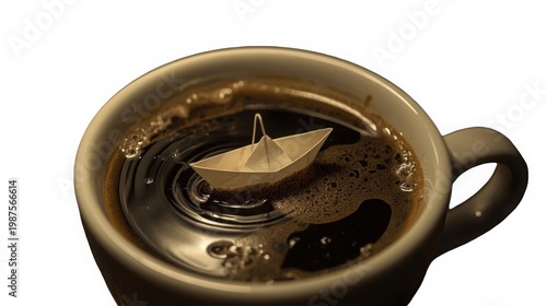Delicate paper boat floats on coffee surface in ceramic mug with handle
